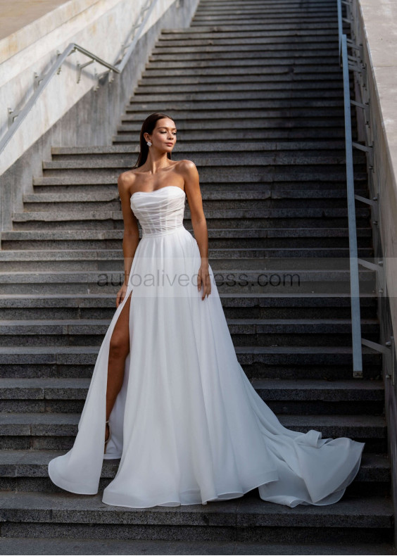 Strapless White Organza Slit Simple Wedding Dress